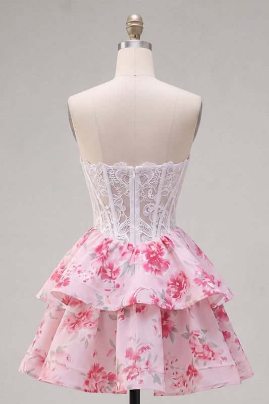 Robe courte de cocktail bustier blanche fuchsia avec corset et volants