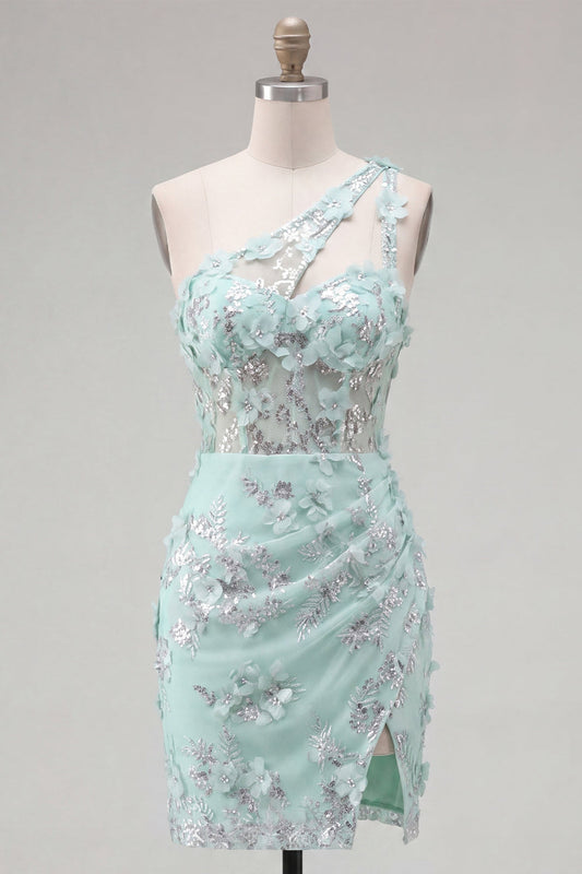 Robe de bal ornée de fleurs avec corset asymétrique et fente, couleur menthe