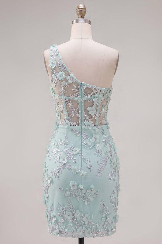 Robe de bal ornée de fleurs avec corset asymétrique et fente, couleur menthe