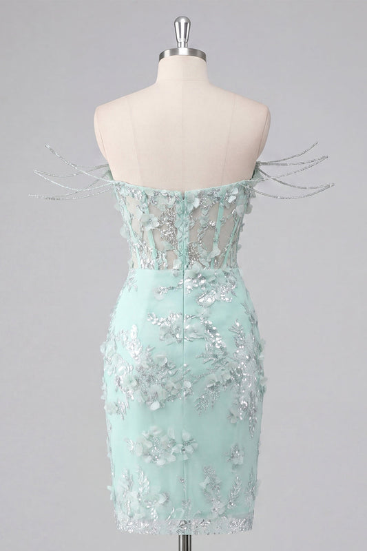 Robe de bal moulante corsetée à épaules dénudées avec applications florales et fente, couleur menthe