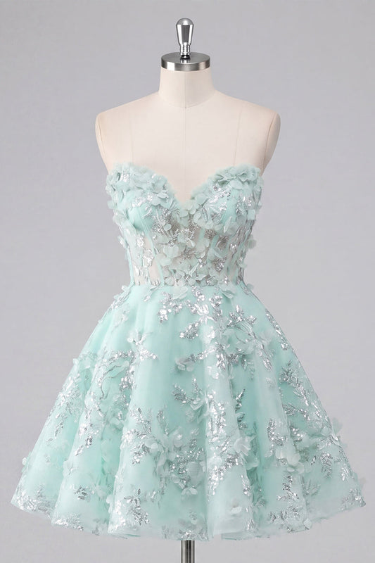 Robe de bal de fin d'année trapèze en forme de cœur, ornée d'applications florales couleur menthe