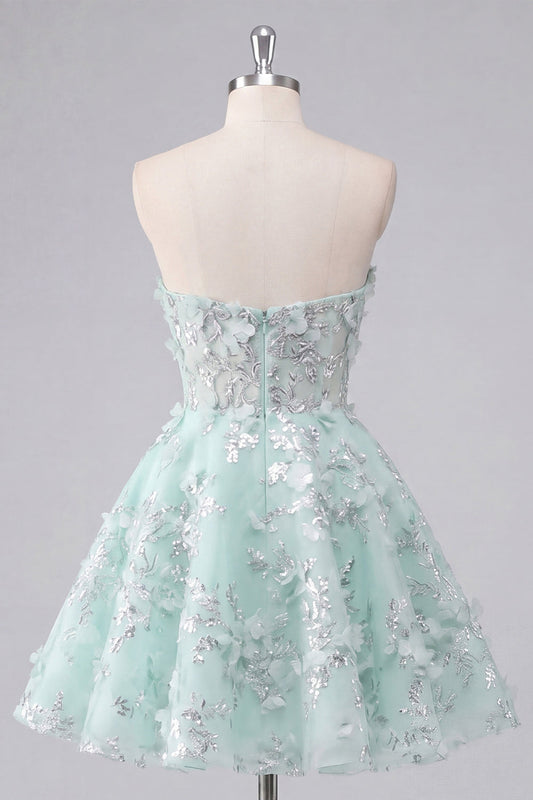 Robe de bal de fin d'année trapèze en forme de cœur, ornée d'applications florales couleur menthe