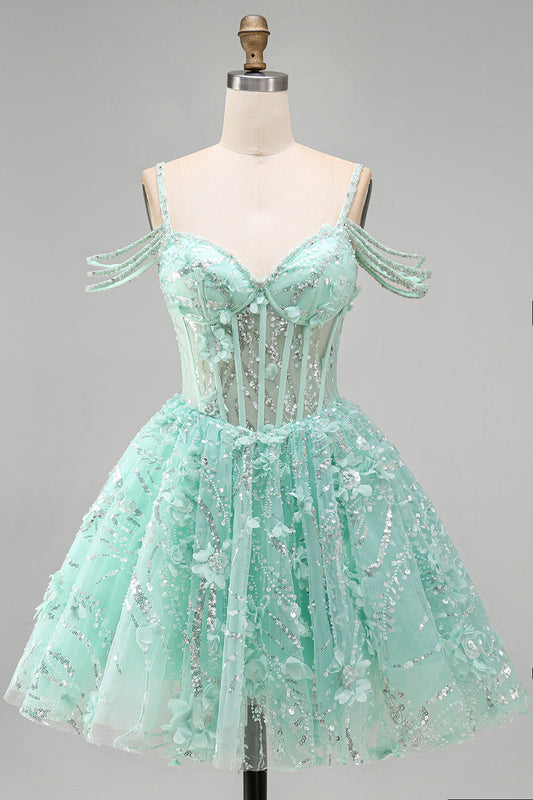 Robe dos nu ligne A avec corsage floral perlé de couleur menthe
