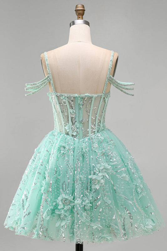 Robe dos nu ligne A avec corsage floral perlé de couleur menthe