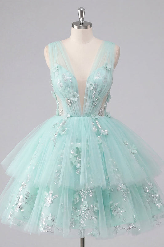 Robe de bal trapèze vert menthe à col en V en tulle et appliqués floraux