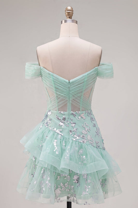 Robe de bal de rentrée courte à sequins et corset bustier asymétrique vert menthe à volants