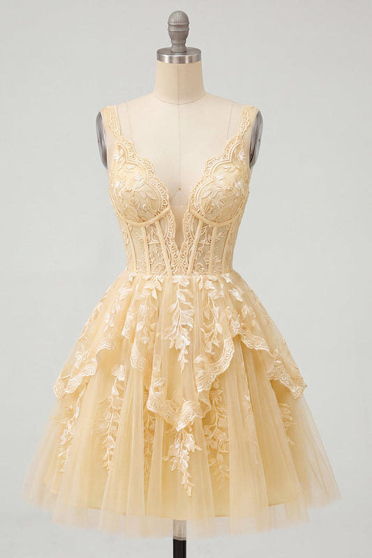 Butter Yellow V-Neck Corset A-Line Floral Homecoming Dress