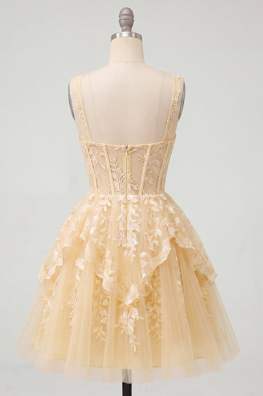 Butter Yellow V-Neck Corset A-Line Floral Homecoming Dress