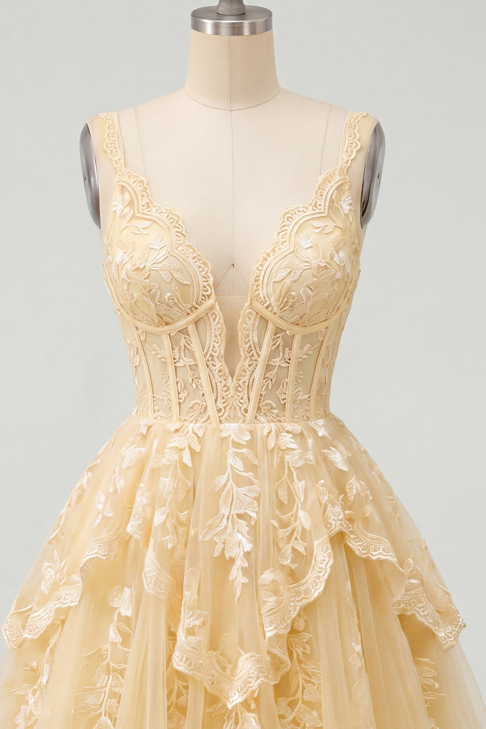 Butter Yellow V-Neck Corset A-Line Floral Homecoming Dress