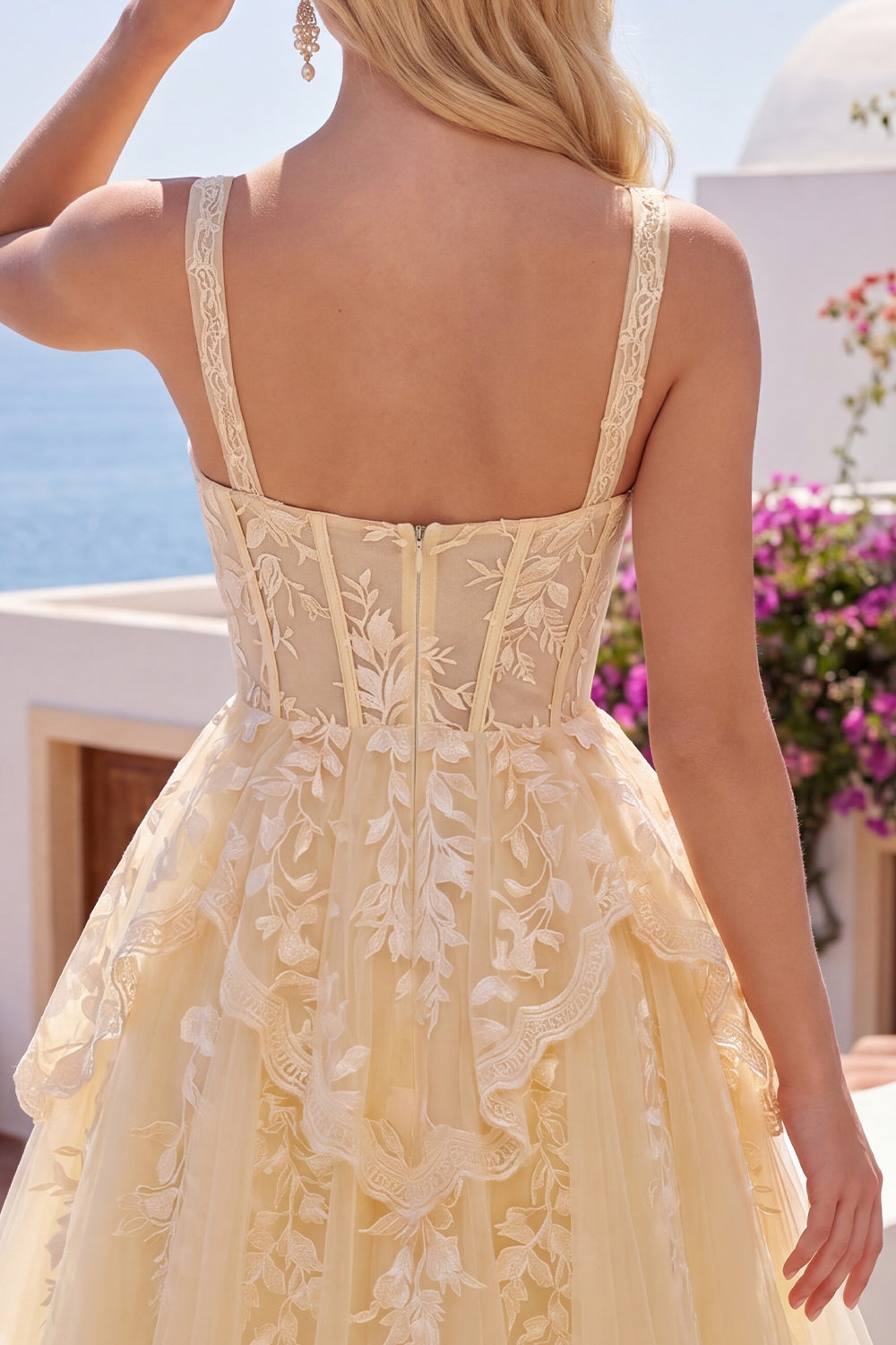 Butter Yellow V-Neck Corset A-Line Floral Homecoming Dress
