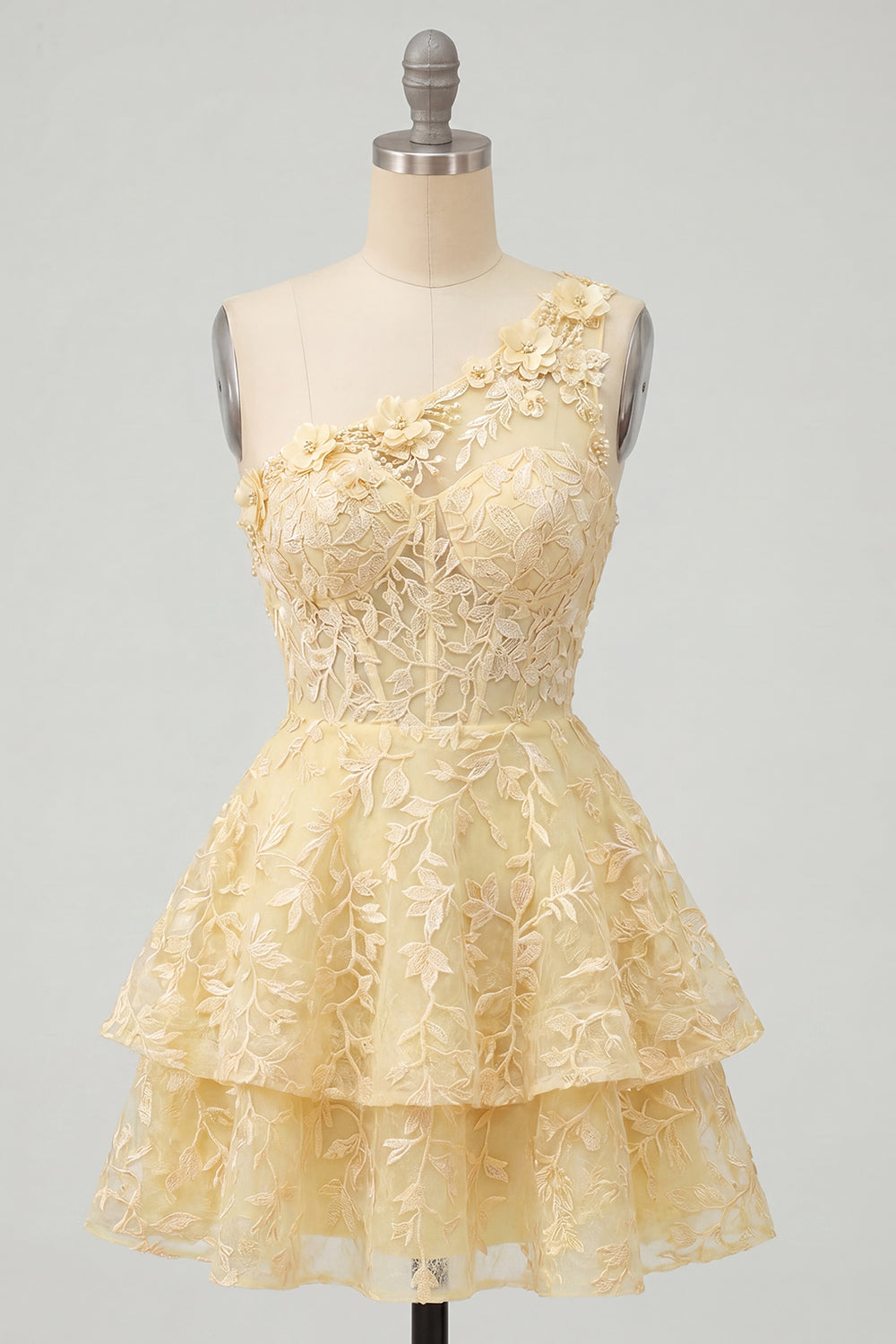 Butter Yellow One Shoulder Corset A-Line Floral Homecoming Dress