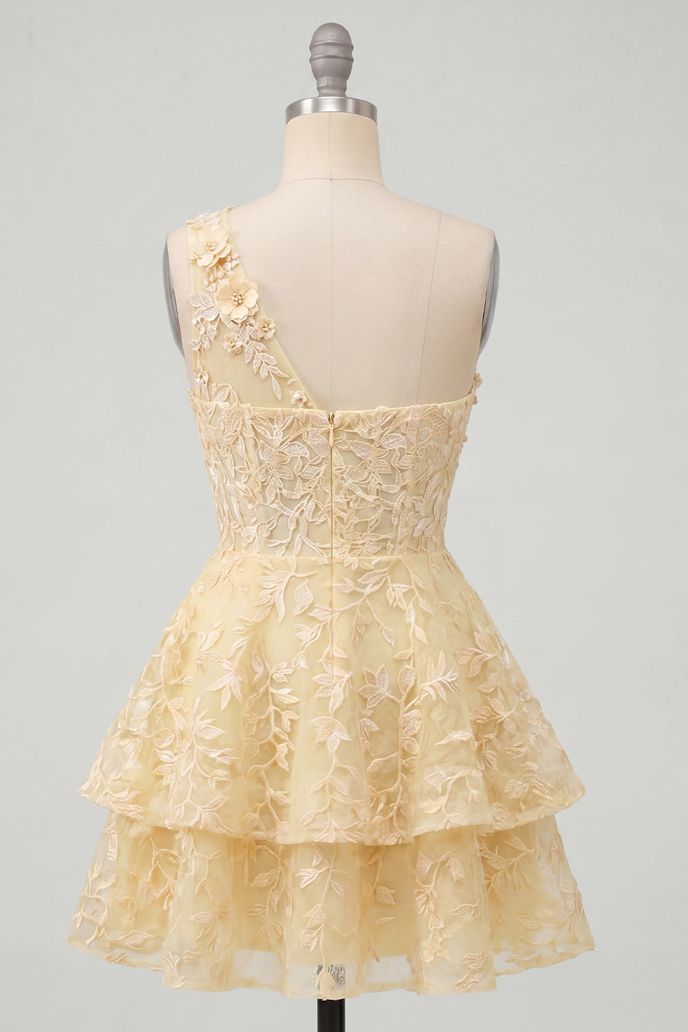 Butter Yellow One Shoulder Corset A-Line Floral Homecoming Dress