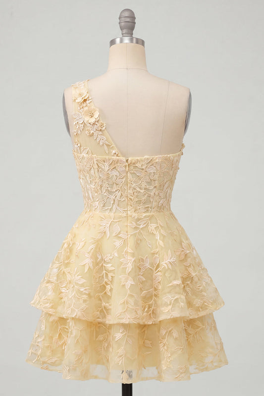 Butter Yellow One Shoulder Corset A-Line Floral Homecoming Dress