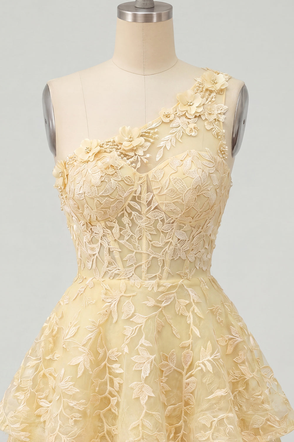 Butter Yellow One Shoulder Corset A-Line Floral Homecoming Dress