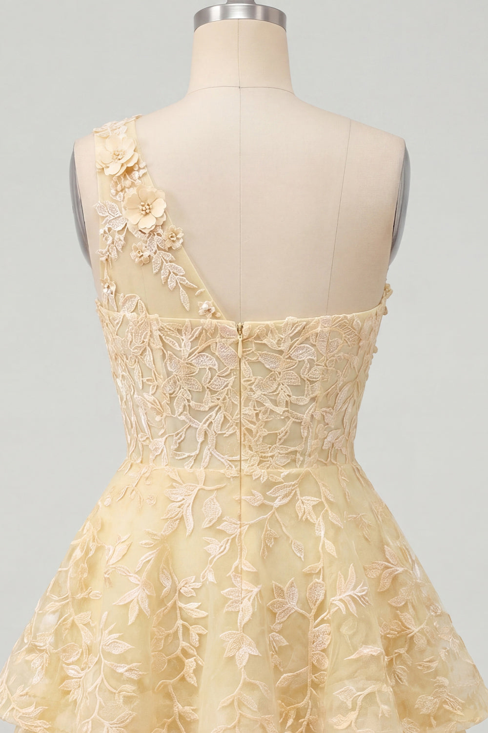 Butter Yellow One Shoulder Corset A-Line Floral Homecoming Dress