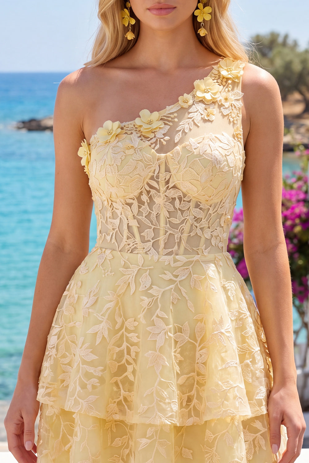 Butter Yellow One Shoulder Corset A-Line Floral Homecoming Dress