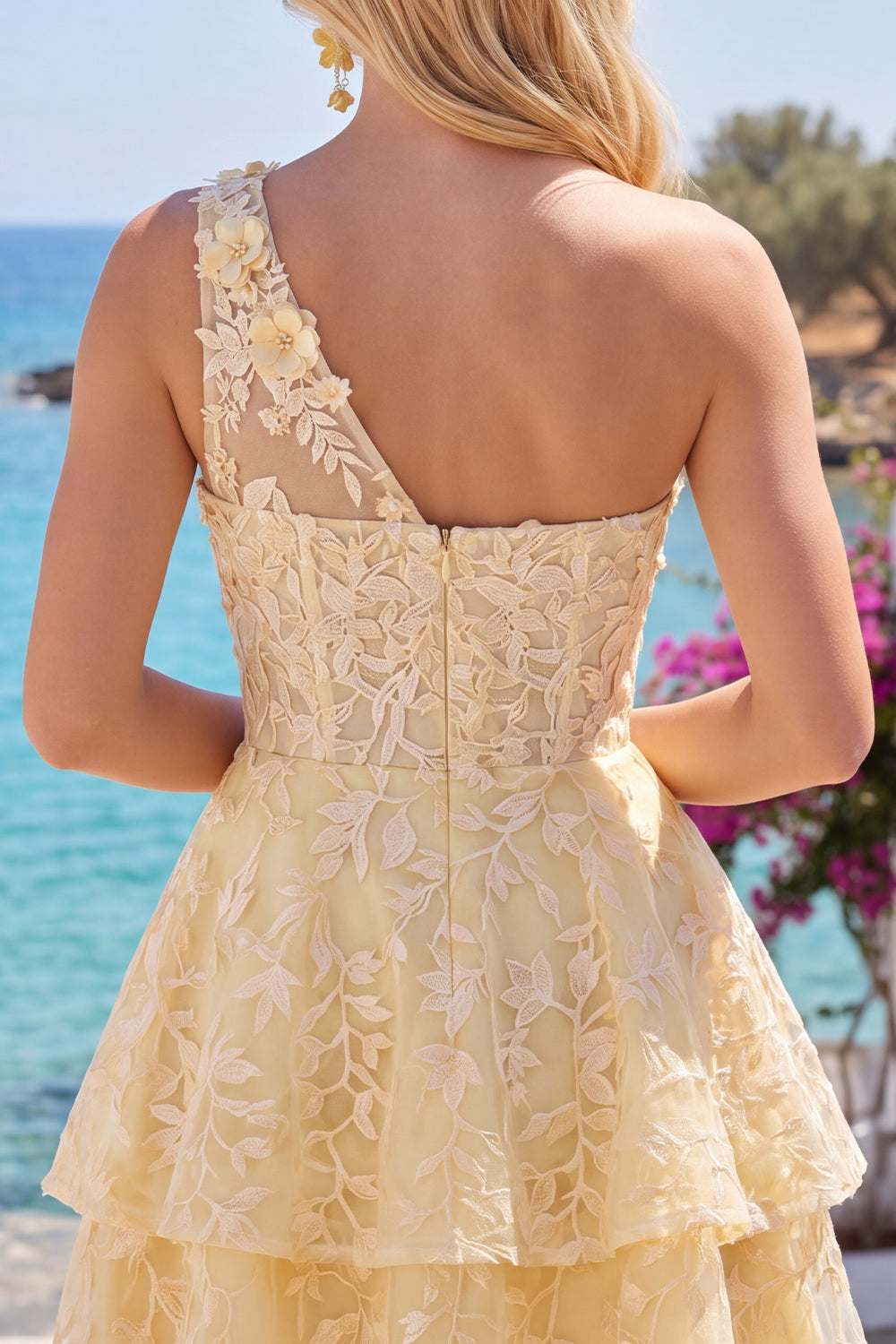 Butter Yellow One Shoulder Corset A-Line Floral Homecoming Dress
