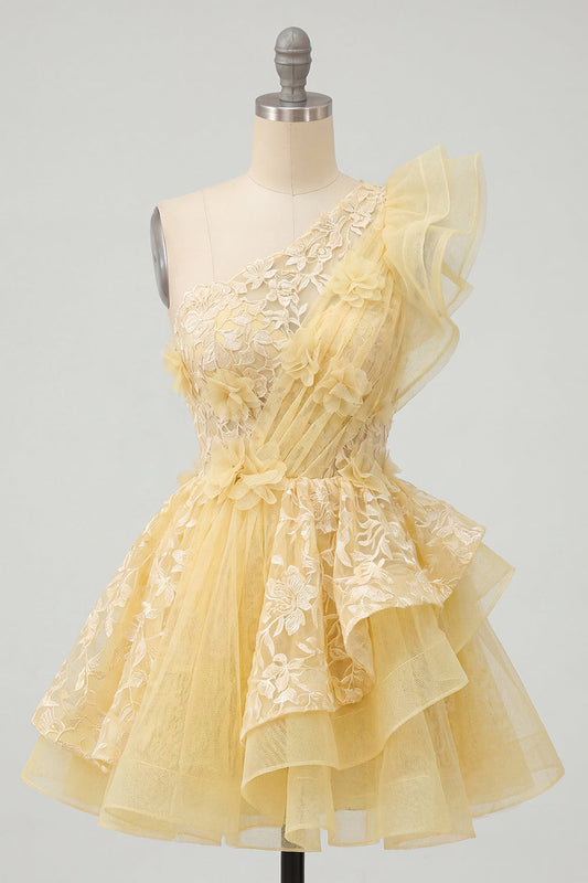 One Shoulder Butter Yellow Ruffled A-Line Floral Homecoming Dress