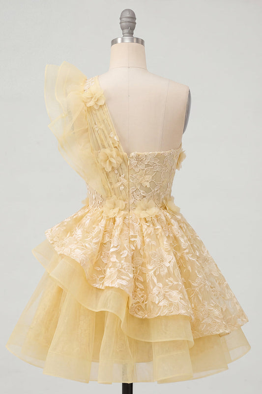 One Shoulder Butter Yellow Ruffled A-Line Floral Homecoming Dress