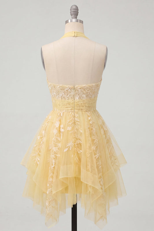 Butter Yellow A-Line Halter Neck Floral Homecoming Dress