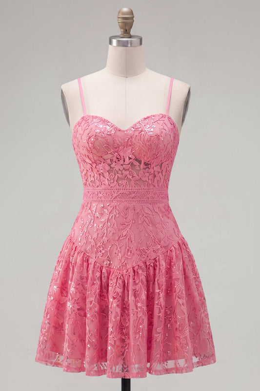 Hot Pink A-Line Spaghetti Straps Floral Homecoming Dress with Bow