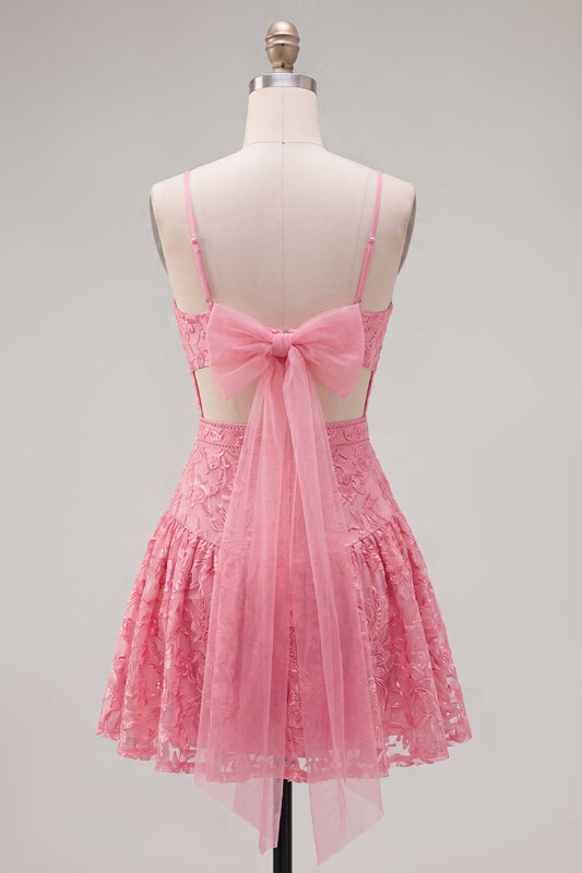 Hot Pink A-Line Spaghetti Straps Floral Homecoming Dress with Bow