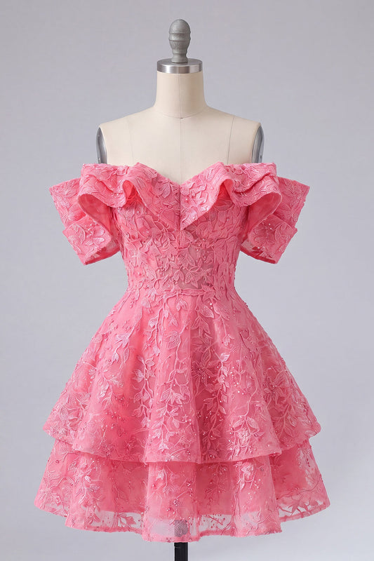 Off the Shoulder Hot Pink A-Line Floral Ruffled Homecoming Dress with Beading