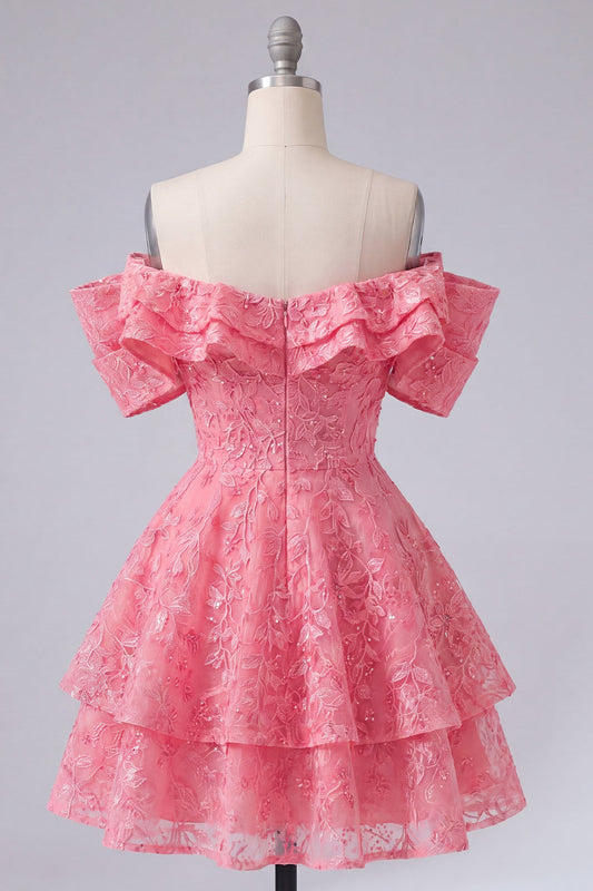 Off the Shoulder Hot Pink A-Line Floral Ruffled Homecoming Dress with Beading