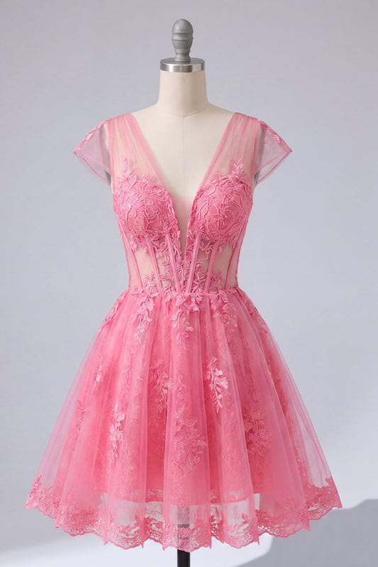 Hot Pink Floral A-Line V-Neck Tulle Sheer Corset Homecoming Dress with Cap Sleeves