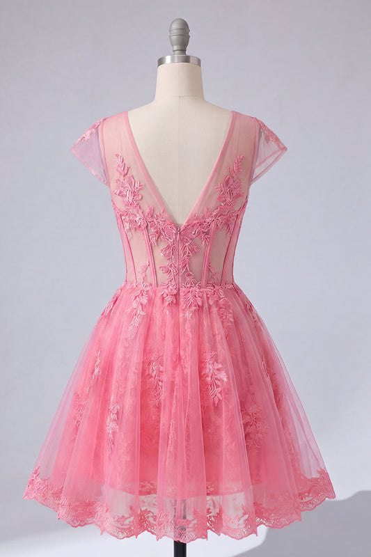 Hot Pink Floral A-Line V-Neck Tulle Sheer Corset Homecoming Dress with Cap Sleeves