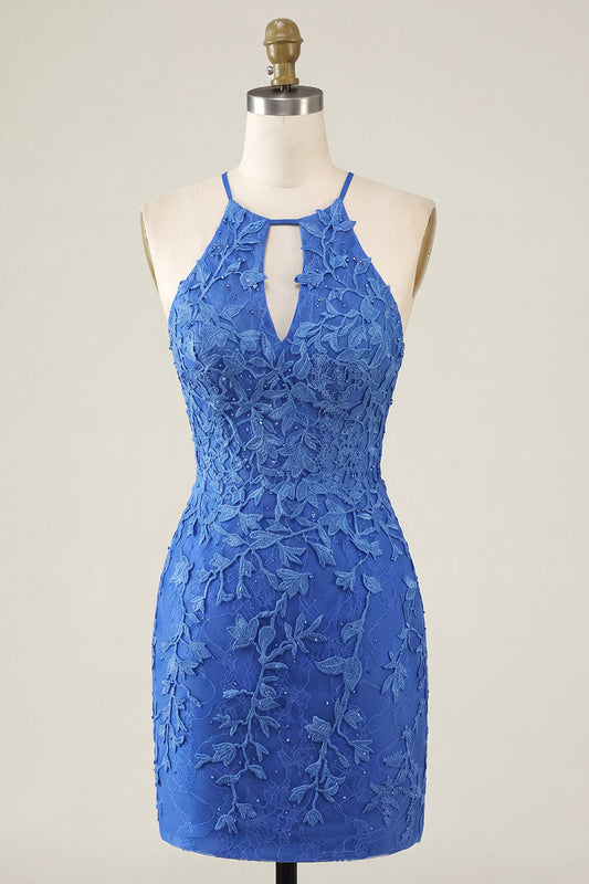 Royal Blue Floral Bodycon Halter Neck Homecoming Dress with Beading