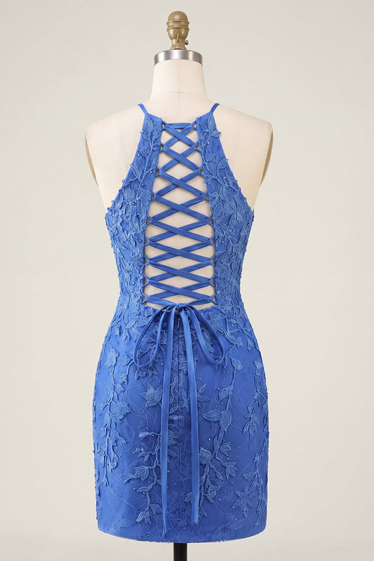 Royal Blue Floral Bodycon Halter Neck Homecoming Dress with Beading