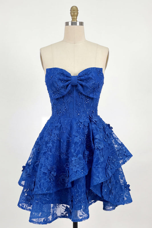 Royal Blue A-Line Sweetheart Floral Beaded Corset Homecoming Dress with Bow