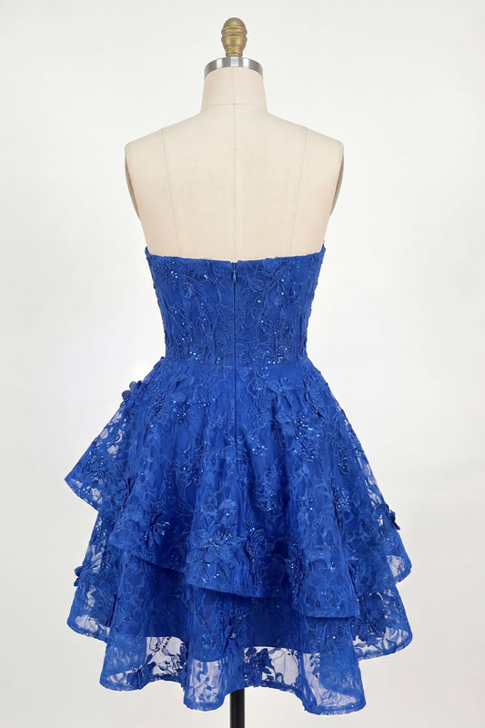 Royal Blue A-Line Sweetheart Floral Beaded Corset Homecoming Dress with Bow