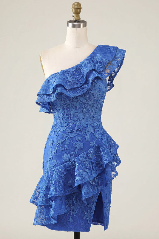 One Shoulder Royal Blue Bodycon Floral Beaded Ruffled Homecoming Dress with Slit