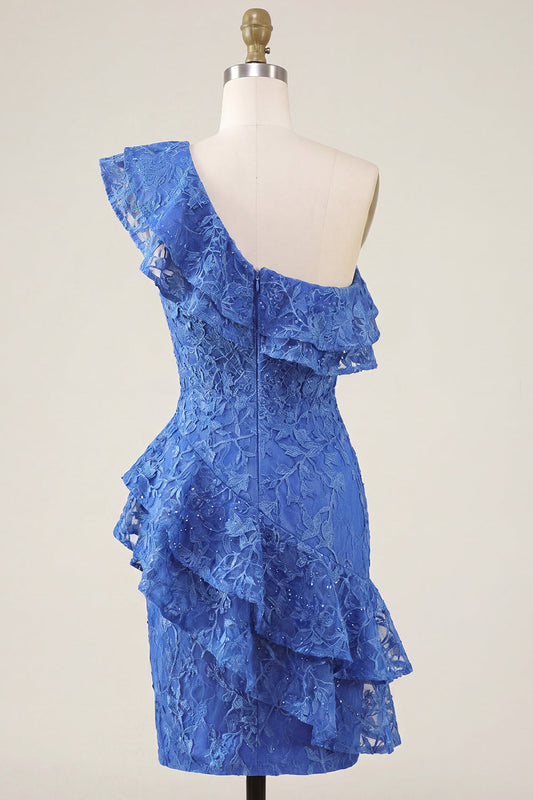 One Shoulder Royal Blue Bodycon Floral Beaded Ruffled Homecoming Dress with Slit