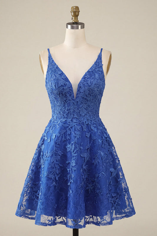 A-Line Royal Blue Floral Beaded Spaghetti Strap Homecoming Dress