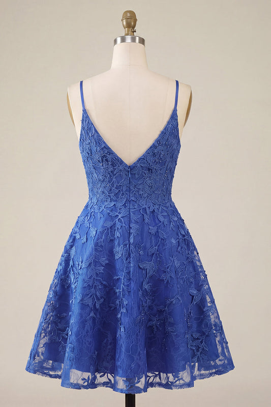 A-Line Royal Blue Floral Beaded Spaghetti Strap Homecoming Dress