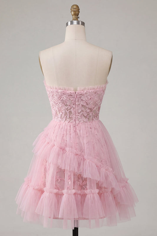 A-Line Pink Sweetheart Floral Homecoming Dress with Ruffles