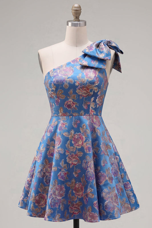 Blue One Shoulder Jacquard A-Line Floral Homecoming Dress with Bow