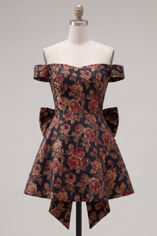 Off-the-Shoulder Black Jacquard A-Line Floral Homecoming Dress with Bow