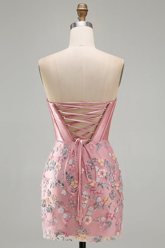 Robe de bal de fin d'année moulante rose fuchsia avec corsage et appliques florales