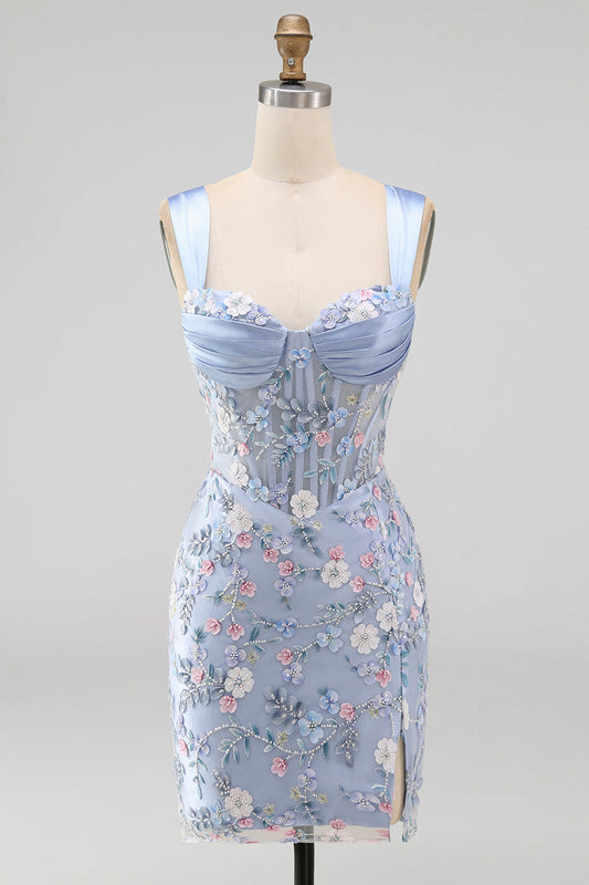 Blue Sheer Corset Bodycon Floral Ruched Appliqued Cocktail Dress with Slit