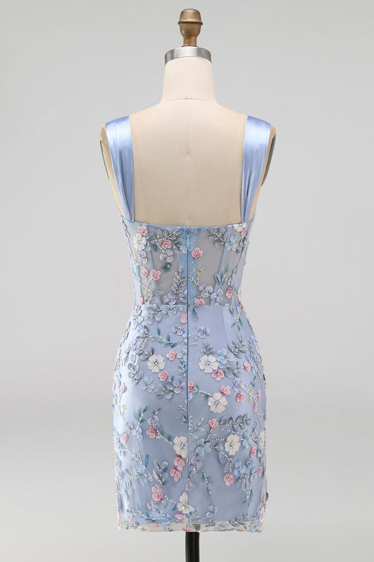 Blue Sheer Corset Bodycon Floral Ruched Appliqued Cocktail Dress with Slit