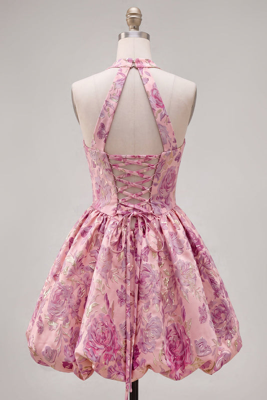Robe de bal fuchsia trapèze à col licou en jacquard fleuri