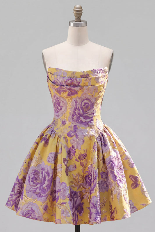 A-Line Yellow Strapless Ruched Jacquard Floral Homecoming Dress