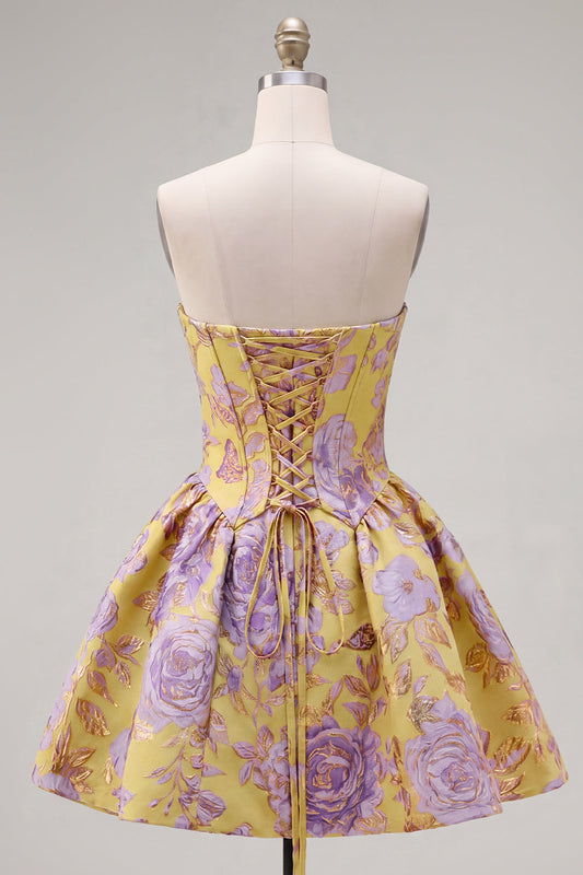 A-Line Yellow Strapless Ruched Jacquard Floral Homecoming Dress