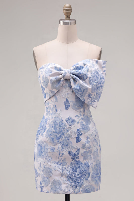 Robe de bal moulante florale en jacquard bleu avec col en cœur et nœud