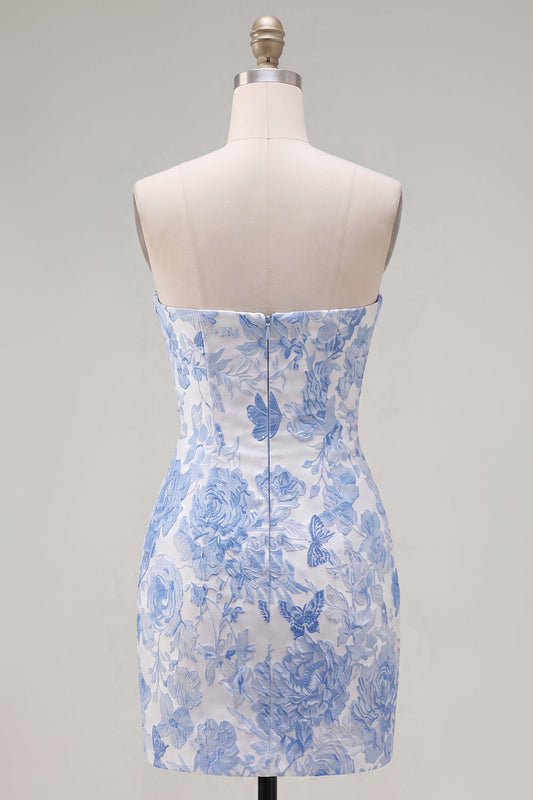 Robe de bal moulante florale en jacquard bleu avec col en cœur et nœud