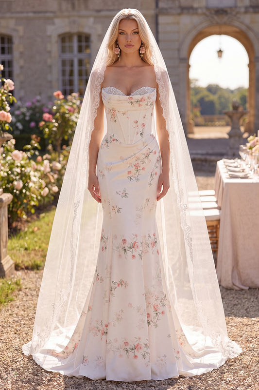 Robe de mariée bustier sirène traîne balayage plage fleur rouge et blanche avec voiles